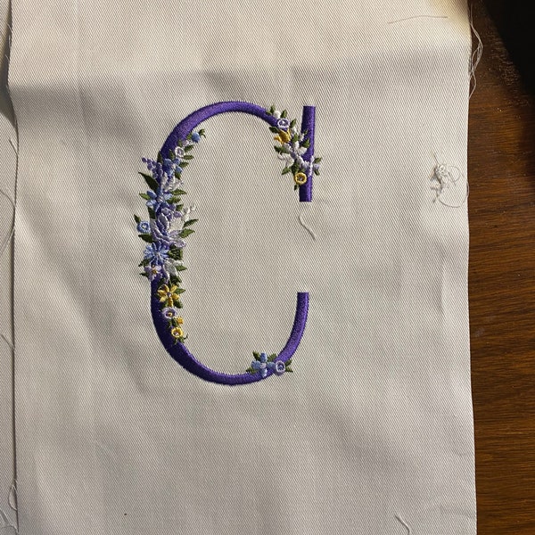 Purple Alphabet Letter (ABC) Fabric Quilt Block - 1 Square = 7" x 12" White Background Machine Embroidered Letter w/ Flowers Use in Quilts