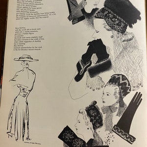 May include: Black and white illustrations of women wearing hats and gloves. The illustrations are detailed and feature intricate designs on the hats and gloves.