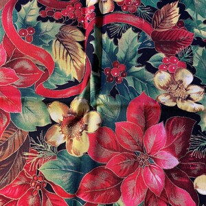 Poinsettias & Holly With a bit of Gold Metallic (Red Green Gold) Black Background Christmas  Fabric 23&quot; x 44&#39; wide -