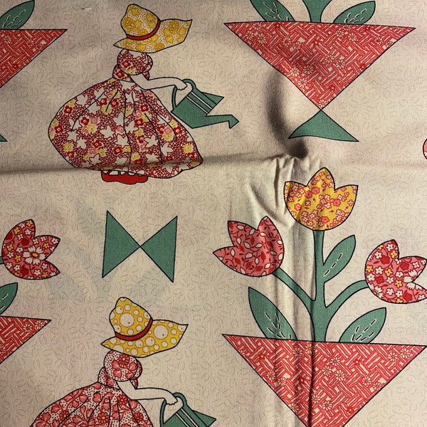 1930's  Sunbonnet Sue Little Girls and Tulips - Fabric Sewing Quilts - 18" x 44"  Ivory Background with Red / Green / Yellow - Mock Applique