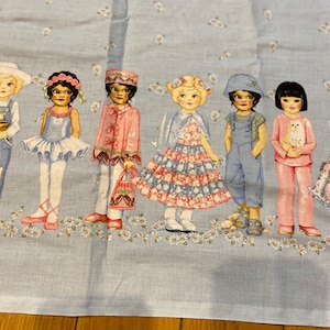 Paper Dolls Dressed For Play All In A Row Border Print - Patty Reed Design -  45&quot; long x 44&quot; wide -  Blue Background  with White Daisy