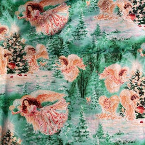 Tissu de Noël Lils Angels - Romance dans les arbres - fond blanc - 36 x 44 pouces design par Dona Gelsinger