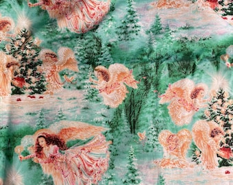 Christmas Lils Angels Christmas Fabric - Romance in the Trees - White Background - 36" x 44"  design by Dona Gelsinger