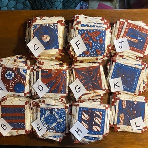 35 Squares Quilt Fabric Block Pieces 3&quot; Squares from Vintage Fabric - Blue / Beige / Rust Designs  - Cut for you to Use in Quilting Projects