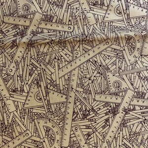 Engineering / Mathimatician Print fabric Jane McClutchy - Choose Size -  Beige Background with Brown Rulers, Pencils, Triangle