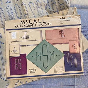 Embroidery Kaumagraph  Iron On Transfers - Use in your projects - McCall's 424 - Alphabet Monograms - 3 sizes given - 1936 Vintage - Uncut