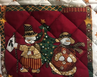Snowmen and Christmas Tree ,  2 Ready to Sew - Table Matt, Coasters - quilt pieces - appliqué, pillow etc (9" x 9")