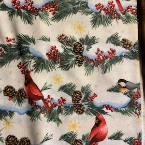 Christmas Red Cardinal (Bird), Chickadee & Pine Boughs fabric White  Background - 36&quot; long x 44&quot; wide - Brother Sister Design