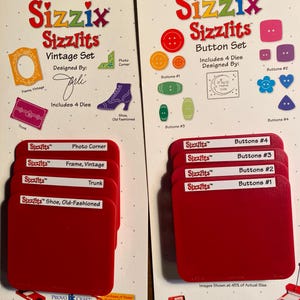 May include: Two Sizzix Sizzlits die-cut sets. One is a Vintage Set with frame, trunk, and shoe designs. The other is a Button Set with various button shapes. Both sets include four dies and are designed by Jori.