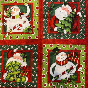 Santa & SNOWMAN Christmas Fabric PANEL, 4 Squares Ready to Sew into a Wallhanging, pillow, quilt etc - Susan Winget