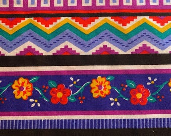 Flowers Squares Stripes  Multi Colored fabric with Fun Bright Print - 43" x 44" - Purple/ Pink/  Red Yellow Green