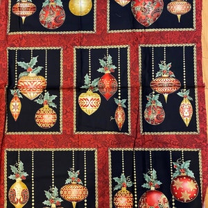 Ornaments Gold Metallic Christmas Fabric PANEL, 7 Ready to Sew Rectangles into a Wallhanging, pillow, quilt etc - A Festive Season