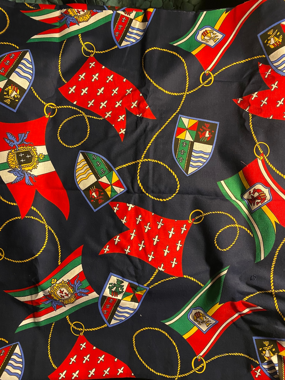 Nautical Theme Fabric Navy Blue Background With Flags / Ropes