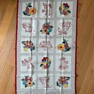 Chicken / Hen / Rooster / Flowers Farm Fabric PANEL, 15 - 6&quot; x 6&quot; Ready to Sew Yellow / Red - Wallhanging, Pillows, Appliqué, Quilts etc.