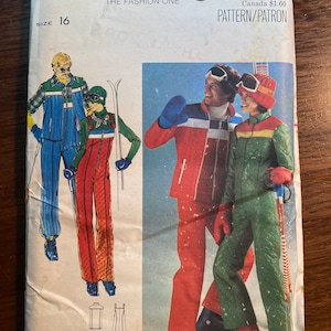 May include: A vintage sewing pattern for a ski suit. The pattern is for size 16 and features two models wearing the ski suit in red and green. The pattern is from the brand Butterick, The Fashion One. The price is $1.50.