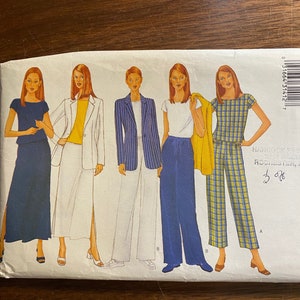 May include: A sewing pattern for four different outfits. The pattern includes a skirt, pants, a blazer, and a top. The pattern is for size 6.