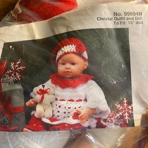 Mary Maxim Christal Christmas Doll Kit  - No 99694N - Unopened Plastic / Cloth 15&quot; Doll You Crochet Her Dress and Bonnet