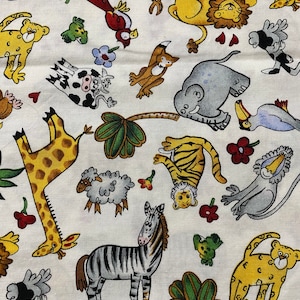 Noah&#39;s Ark - Friends Boat  Animals fabric Nicole de Leon 17&quot;  x 44&quot; wide - White Background   Elephant, Giraffe, Lions, Whales, Alligators