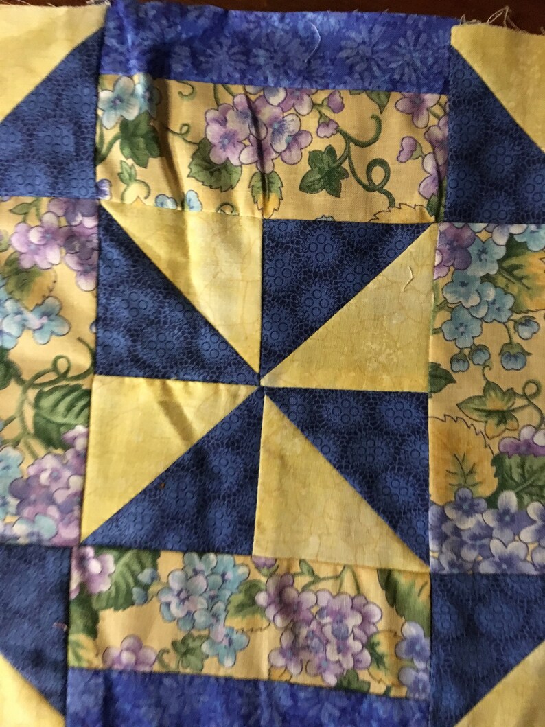 Navy Blue Tones / Yellow Quilt Block W/ Purple square Etsy