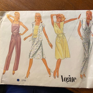 May include: A vintage Vogue sewing pattern featuring four different styles of women's clothing. The pattern number is 2705.