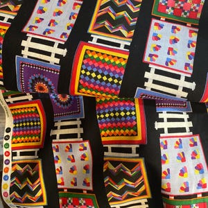 Amish Quilts On The Fence Fabric - 1995 - Diane Phalen Banks - Pink, Yellow etc on Black Background  - small pictures - 2.5"  - 21" x 44"