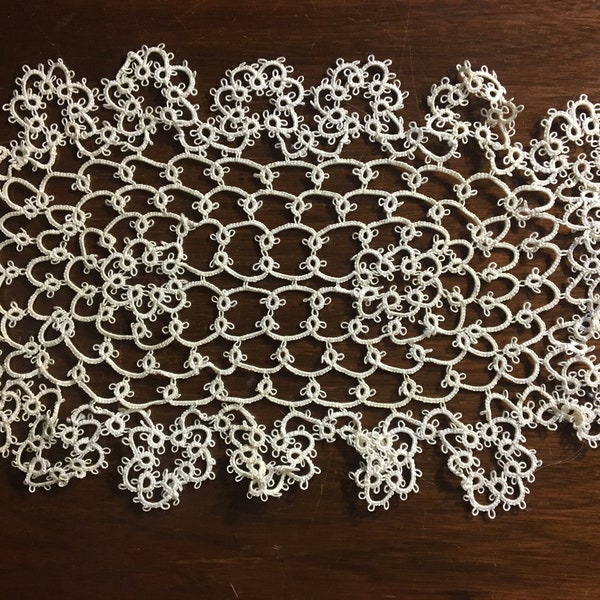 Tatted Doily Vintage Rectangle Table Cover 11" x 6" Off-White with Flowers - Delicate Hand Crochet Piece - Swirls