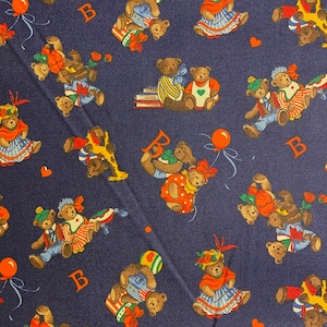 Alphabet Teddy Bear Fun Children&#39;s Print fabric 40&quot; long x 44&quot;  Blue Background with Various Teddy Bears in vibrant colors - Screen Print