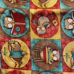 Puede incluir: Una tela colorida con un patrón repetitivo de búhos. Los búhos se representan en diversas actividades, como leer libros, resolver problemas de matemáticas y sostener lápices. La tela es marrón, roja, amarilla y azul.