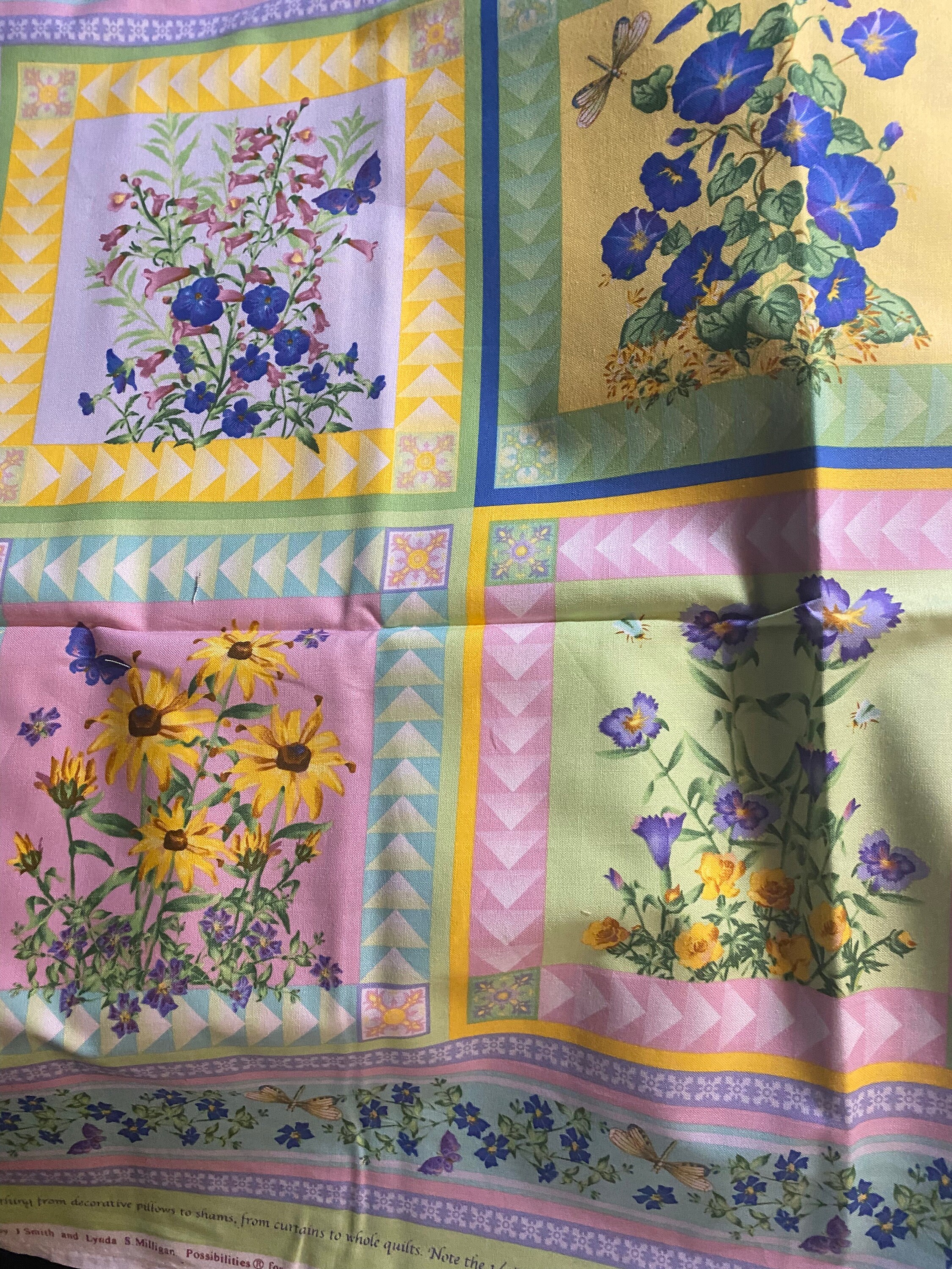 Flower Tiles Fabric PANEL Nancy Smith / Lynda Milligan Etsy