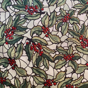 Holly Stained Glass Christmas Green / Red with Gold (Metallic) Fabric - Great for Xmas projects - 36&quot; x 44&quot;