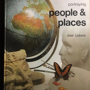 May include: A book cover with the title "Alive to Art: portraying people & places" by José Llobera. The cover features a globe, a sculpture of a face, a butterfly on a paint palette, and paint tubes.