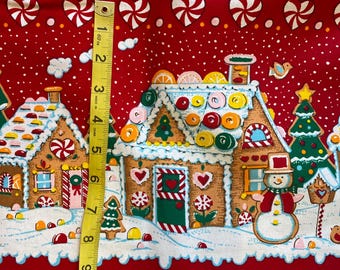 Tela estampada con borde de casita de jengibre navideña, 89 cm de largo x 140 cm de ancho, fondo rojo