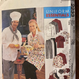May include: A sewing pattern for a uniform, featuring a chef's hat, apron, and trousers. The pattern is for sizes 34-36, small, and petite. The pattern is called "Uniform Essentials" and is from McCall's.