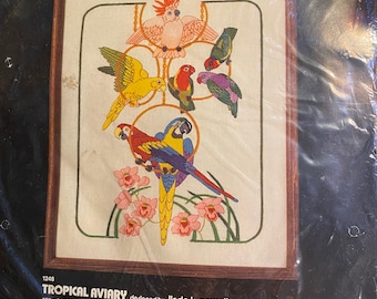 Tropical Aviary Birds - Dimensions Crewel Embroidery Stitchery Kit 1248 - Wild Creatures - 1983 - Linda Powell - Needlepoint - 16" x 20"