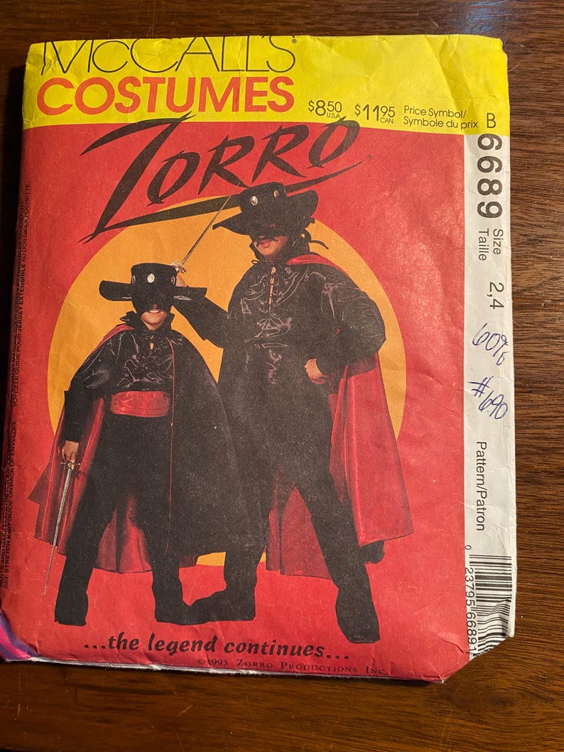 Zorro With Cape Children's Costume Mccall's 6689 Pattern Size 2 -4 ...