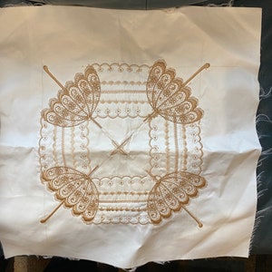 Embroidered Umbrellas in a Square Fabric Quilt Block 16&quot; Square  - Machine Embroidered - Beige on Antique White - Add to a Quilt, pillow etc