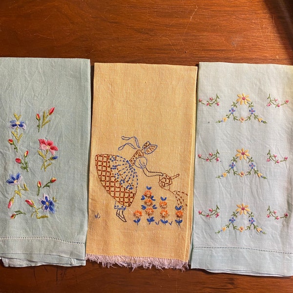 Hand Embroidered  Hand / Tea Towel LINEN  13" x 18" - Choose Southern Belle, Scattered Flowers or Flower Os - Tea Linen - Basket Cloth etc