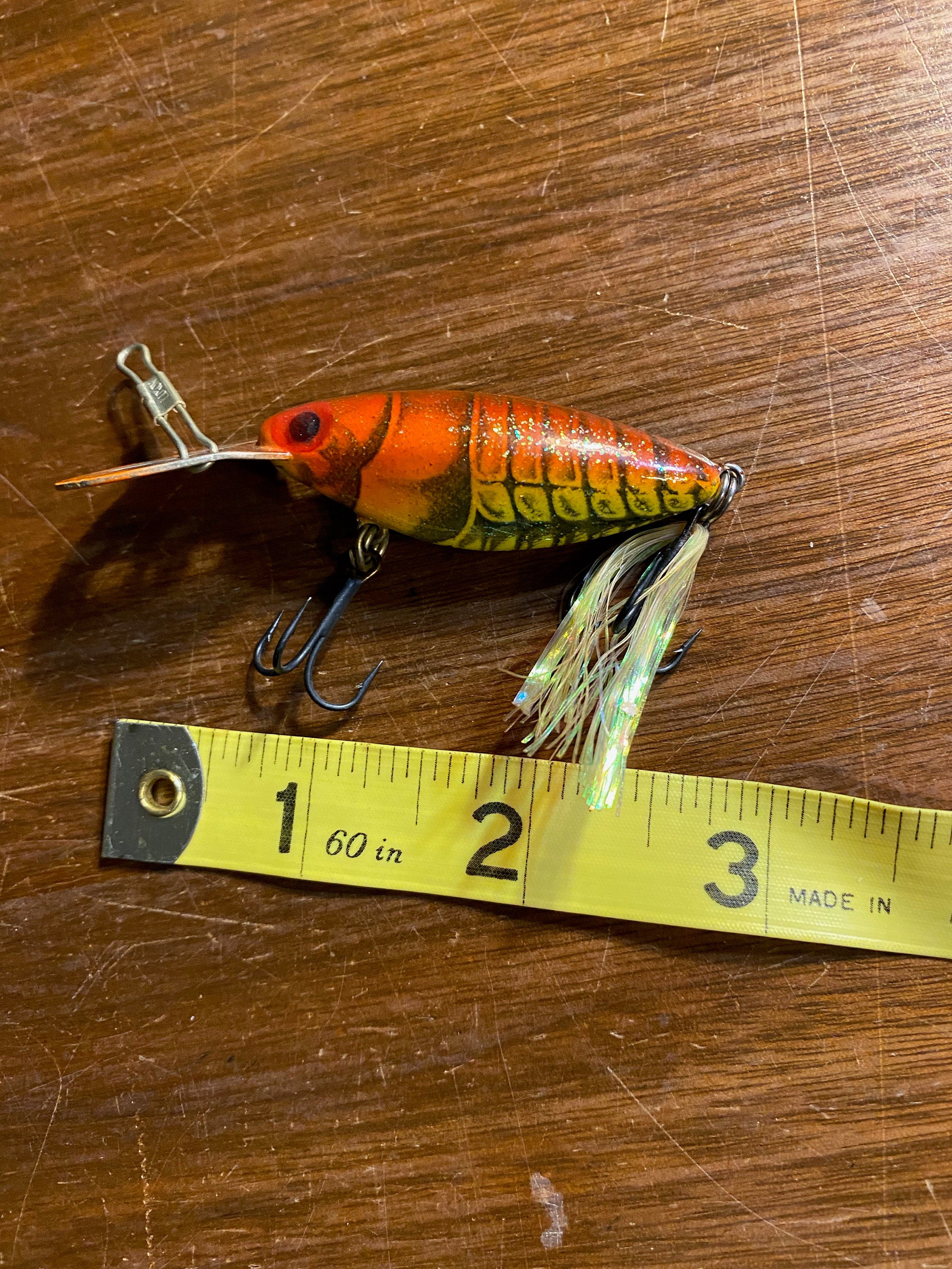 Vintage Fishing Lure Orange / Yellow Crustacean With Tail Nice Condition  Fishing Gear 3 Long 