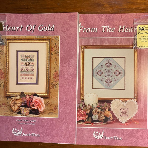 Heart Samplers with Charms & Bead Embellishments - Cross Stitch Chart - Just Nan - Choose: From the Heart or Heart of Gold - 1990/2000