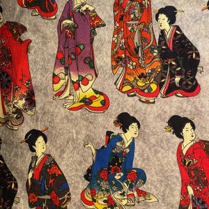 Geisha Girl -  Colorful Kimono on Grey Background Stretch Fabric - 34&quot; x 44&quot; wide -
