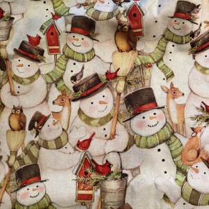 Christmas Snowman  fabric Beige  Background - Choose Length x 44&quot; wide -