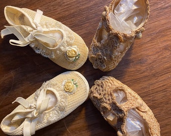 CLOTH Crocheted Vintage Baby / Infant Booties / Shoes - Choose 1) Ribbon Tied or 2) Buttoned