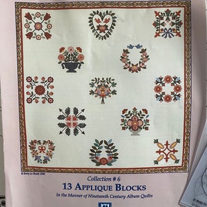 Op de afbeelding: Een vel met plastic sjablonen voor 13 appliqué quiltblokken. De blokken zijn in de stijl van albumquilts uit de 19e eeuw. Het vel is getiteld "13 Applique Blocks" en "Collection # 6".