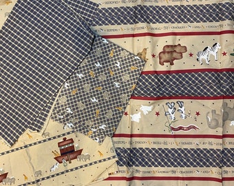 Noah&#39;s Ark Coordinating Fabrics - Daisy Kingdom -  Pick: Border Print, Stripe Animals, All Over Animals, Blue /Beige Plaid - See Sizes