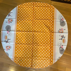 Orange Polka Dot - Touaglia Flash Round Tablecloth .  60" Diameter Circle. Print with Tea Pots and Paris - Fun for Afternoon Tea Party