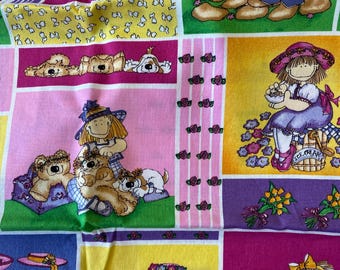 Tela Love Ya To Bits - Patti D - Niños adorables con ositos de peluche - Cuadrados rosa, morado y verde, 89 x 109 cm
