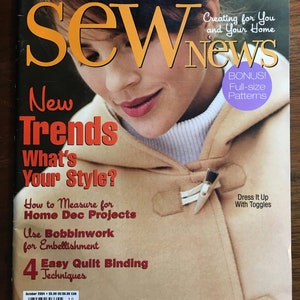 May include: Sew News magazine cover featuring a woman wearing a tan coat with toggles. The cover text reads "New Trends What's Your Style?" and "10+ Spooky Halloween Ideas Inside!"