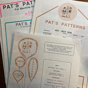 May include: A collection of vintage "Pat's Patterns" booklets. The covers feature text and illustrations in shades of pink, teal, and brown. One cover displays a drawing of figures in swimsuits. The text includes "Issue #89 November 1987".