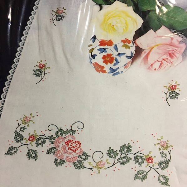 Rose Floral / Flower Dresser Scarf / Table Runner Ready to Cross Stitch - Bucilla  -  63115 Pre - Stamped Ready to Embroider - New