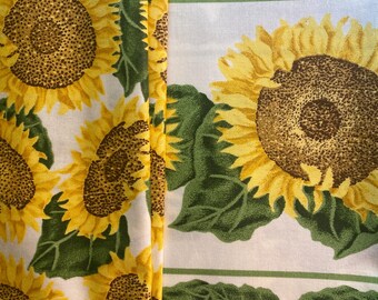 SunFlower Print Fabric White background with Yellow flowers Pick: All Over Print or In Stripes - 36" long x 44" wide Quilting, Clothing etc